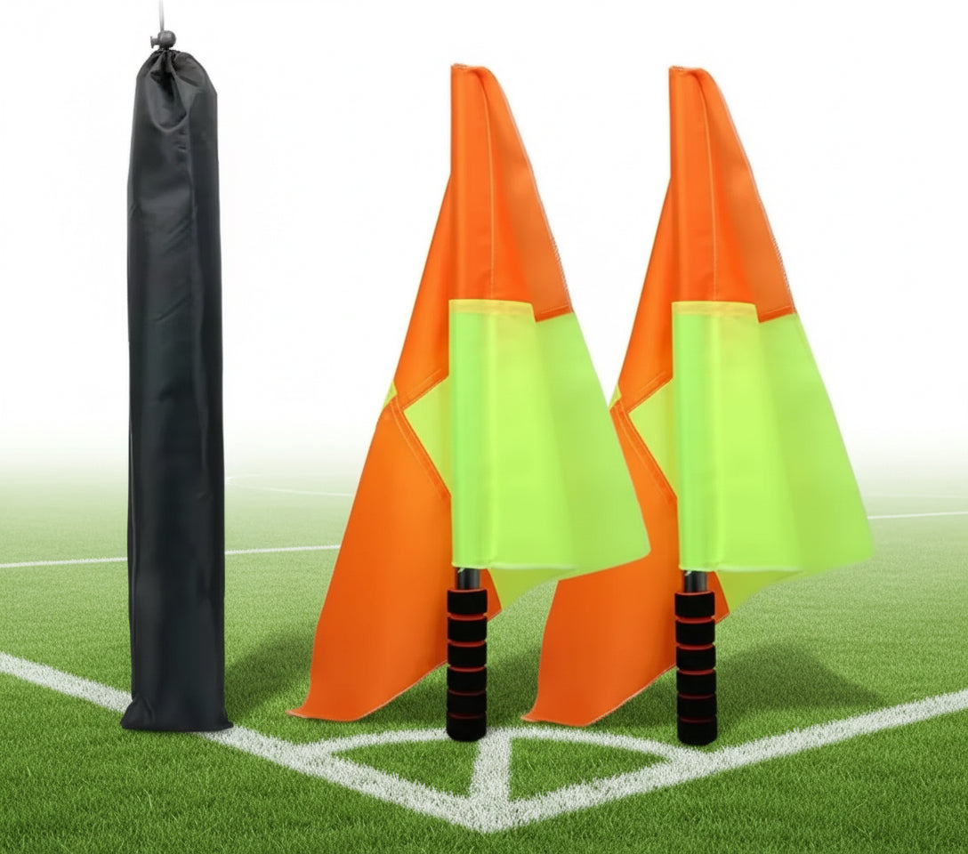 Linesman Flag Set featuring waterproof flags in orange and green, perfect for professional football referees.
