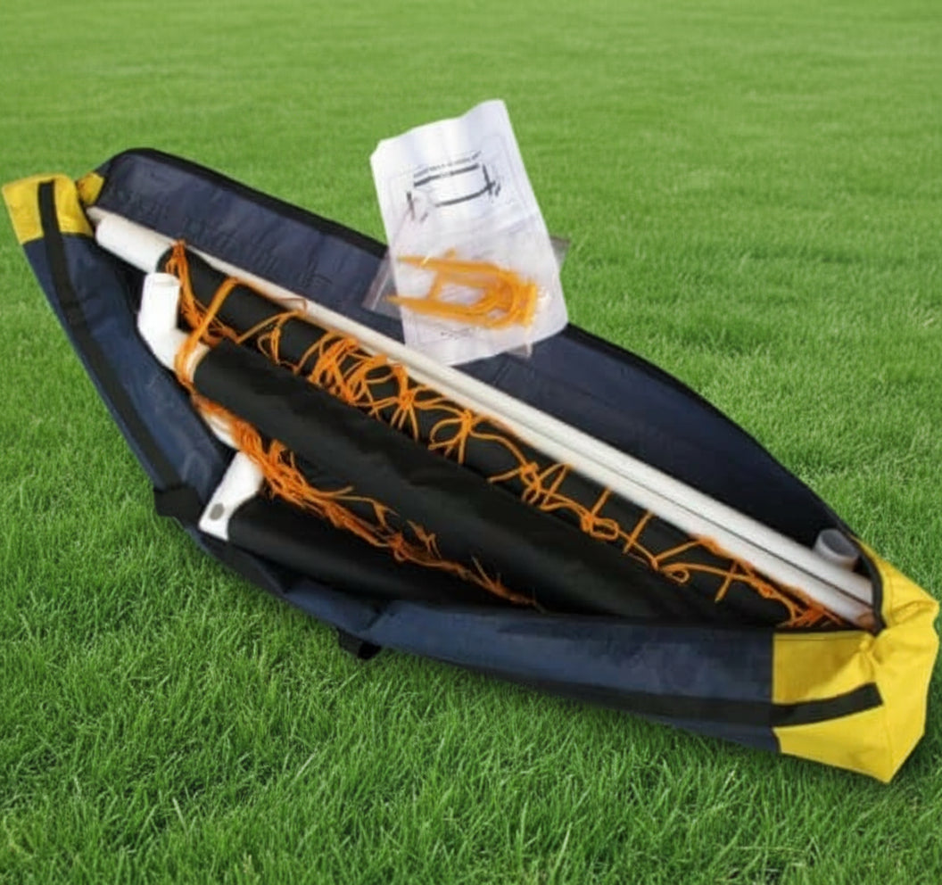 Foldaway football goal kit packed in a carry bag, featuring UPVC components and a 3mm net for easy transport and storage.