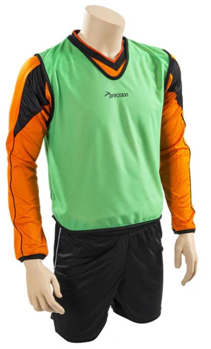 Green Precision Mesh Training Bibs worn over orange long-sleeve shirt, perfect for practice and team organization.