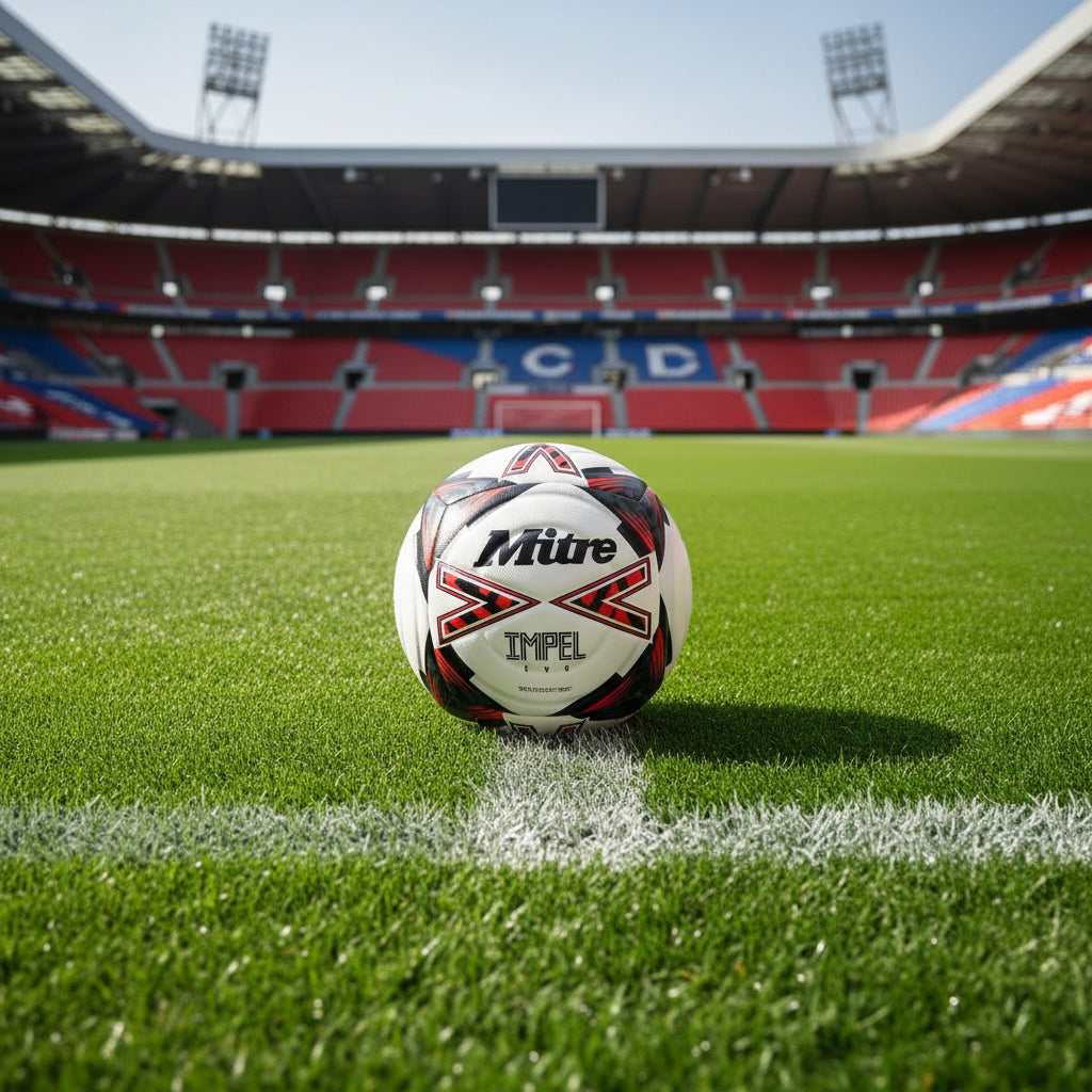 Mitre Impel Evo soccer ball with enhanced design and vibrant black and red graphics for superior performance.
