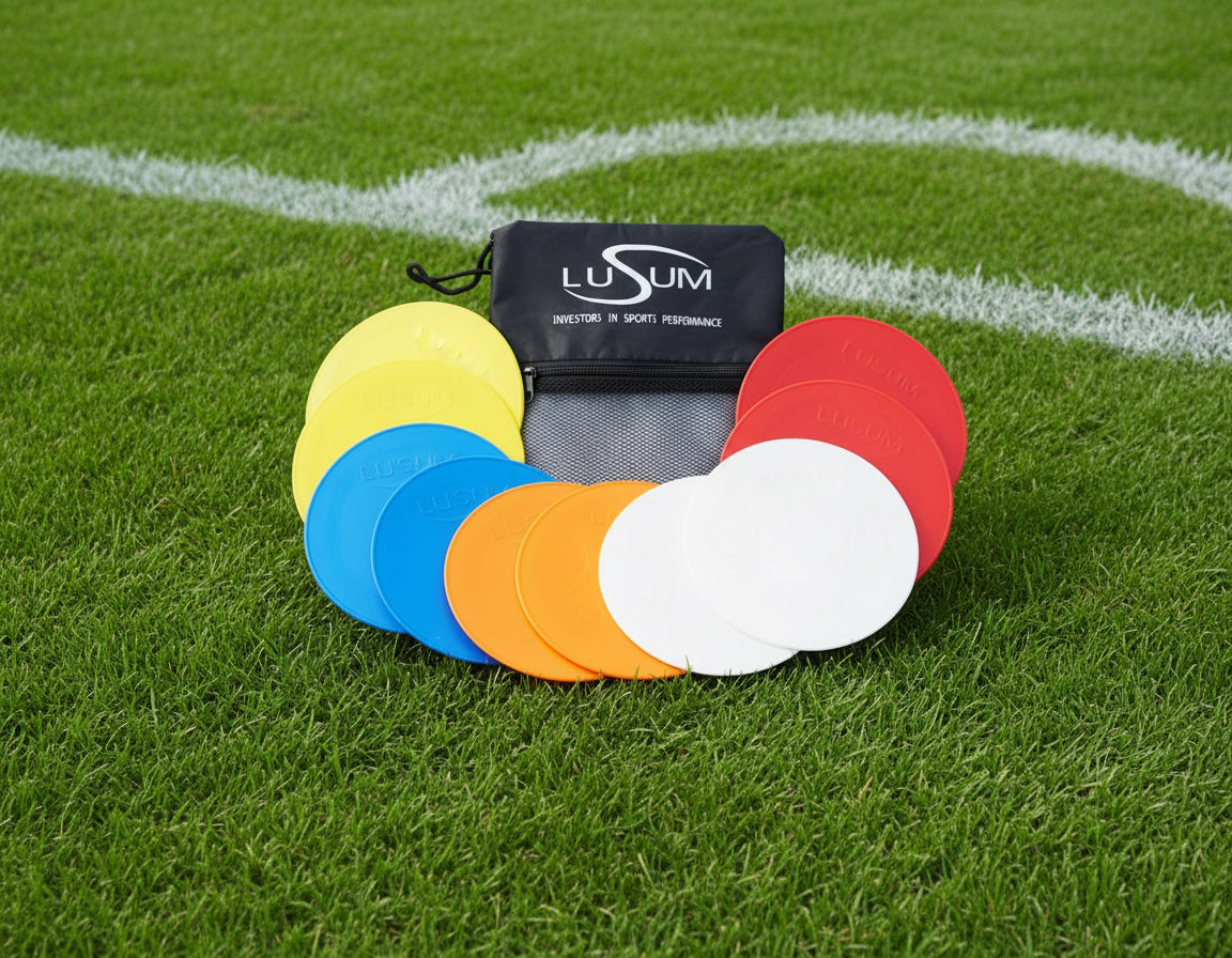 Lusum Flat Markers Pack of 10 in various colors with a carrying bag, perfect for sports training and drills.