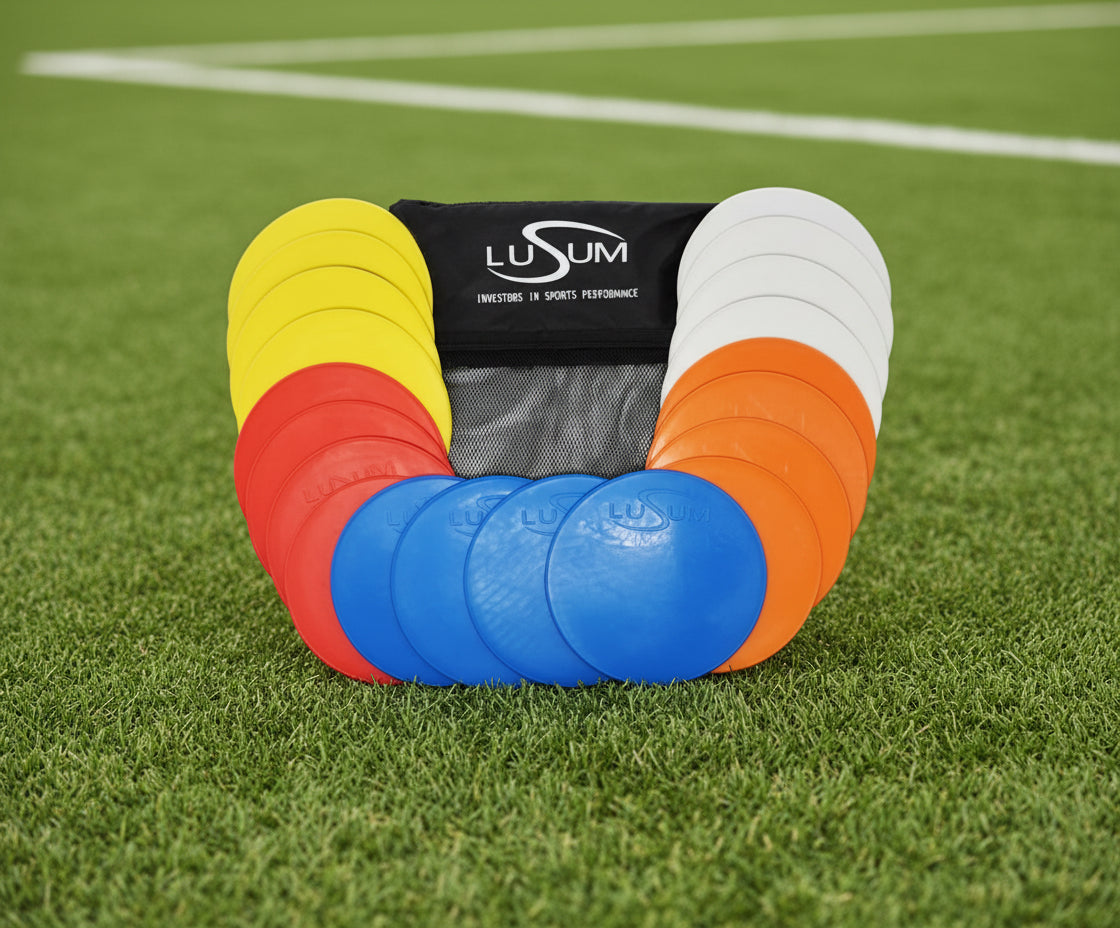 Lusum Flat Markers Pack of 20 featuring colorful non-slip discs, ideal for training on various surfaces.