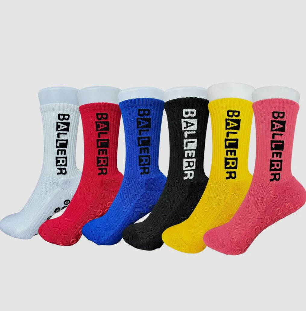 Colorful Ballerr premium grip socks featuring anti-slip design for performance in sports.