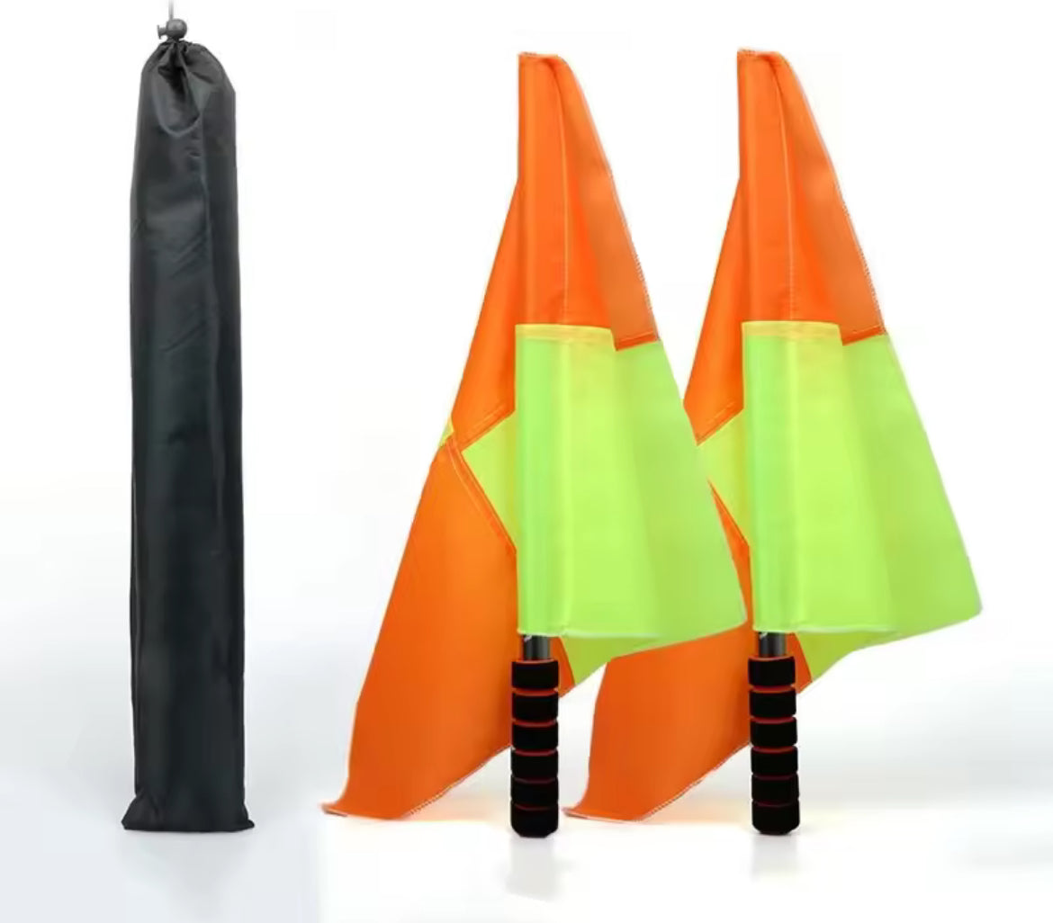 Linesman Flag Set featuring waterproof flags in orange and green, perfect for professional football referees.