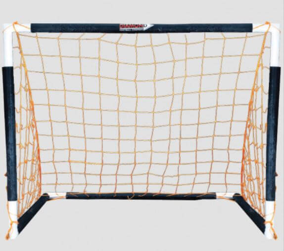 Foldaway football goal made from UPVC with a 3mm net, ideal for garden play and light coaching, featuring a portable design.