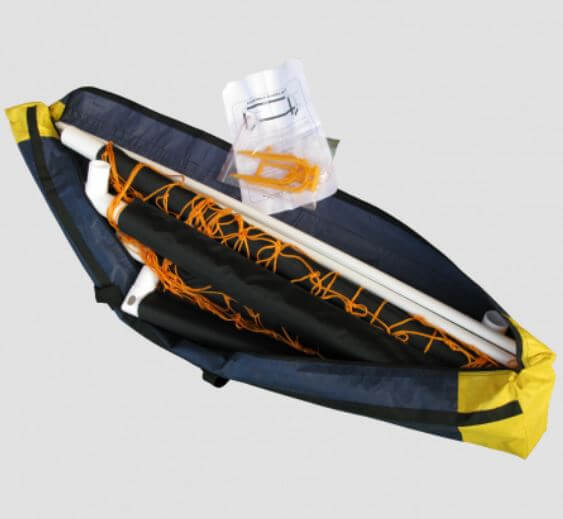 Foldaway football goal kit packed in a carry bag, featuring UPVC components and a 3mm net for easy transport and storage.