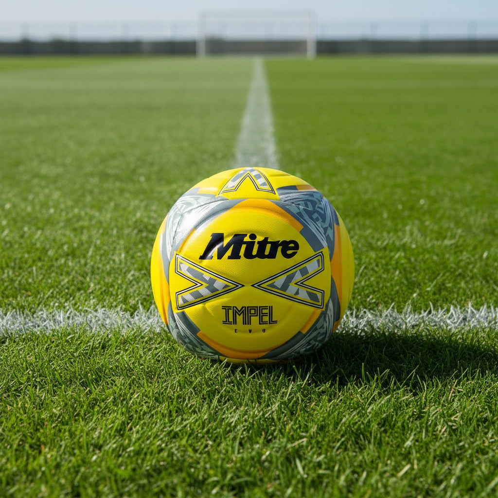 Mitre Impel Evo yellow football showcasing enhanced design and durable construction for superior performance.