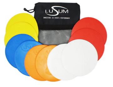 Lusum Flat Markers Pack of 10 in various colors with a carrying bag, perfect for sports training and drills.