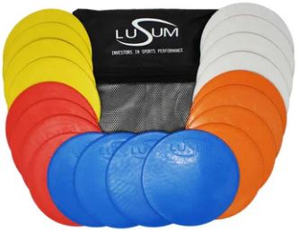 Lusum Flat Markers Pack of 20 featuring colorful non-slip discs, ideal for training on various surfaces.