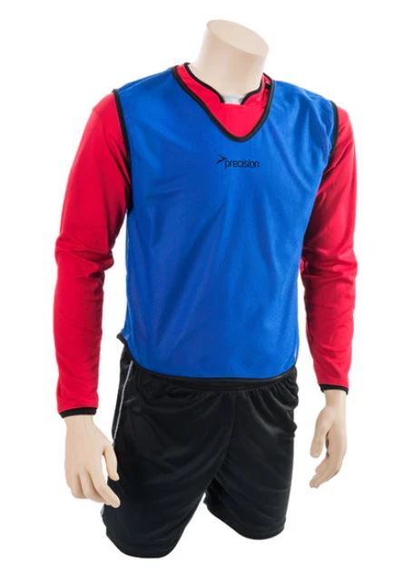 Blue Precision Mesh Training Bib worn over a red long-sleeve shirt, ideal for team practices and sports training.